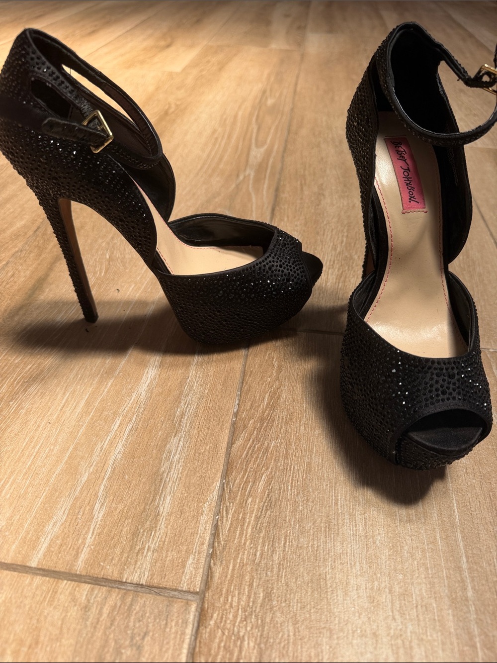 Betsey Johnson Black Crystal Peep-Toe Ankle-Strap Platform Heels